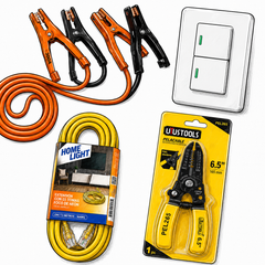 Material eléctrico básico: focos LED, batería Duracell, cable de poder y extensión triple enchufe — OcShop Perú