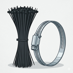 Cintillos de nylon negro y blanco y abrazaderas de metal para mangueras y tuberías — OcShop Perú