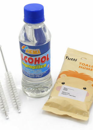 PACK LIMPIADOR, ALCOHOL ISOPROPILICO DE 500ml, TOALLITA HUMEDA Y LIMPIA SORBETES