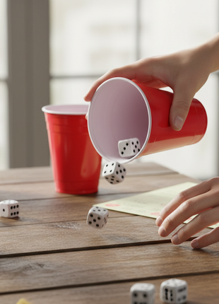 Manos lanzando dados blancos con vaso rojo americano en partida de póker de dados sobre mesa de madera