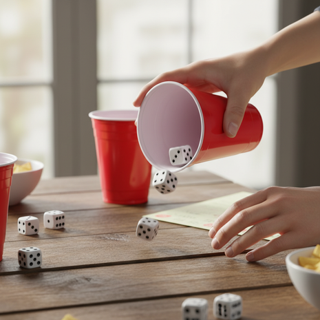 Manos lanzando dados blancos con vaso rojo americano en partida de póker de dados sobre mesa de madera