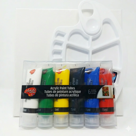 PACK PARA PINTORES - 6 COLORES DE PINTURA, LIENZO 25x25 Y PALETA PLASTICA