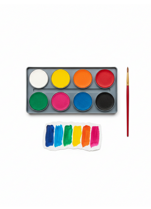 OVE acuarelas flat lay - paleta 8 colores con pincel rojo y muestras de color sobre papel blanco