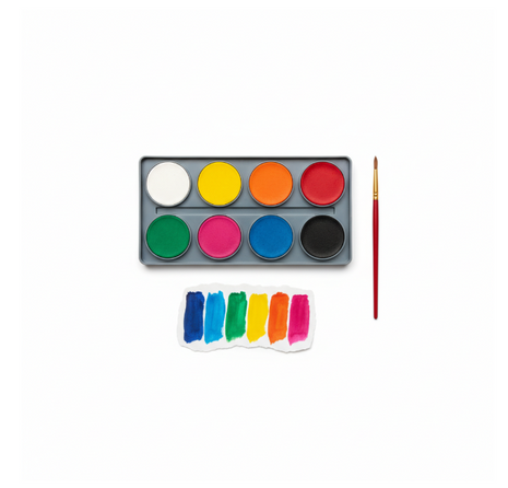 OVE acuarelas flat lay - paleta 8 colores con pincel rojo y muestras de color sobre papel blanco