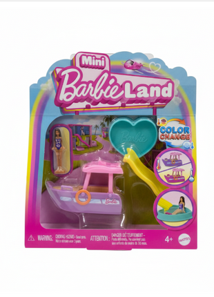 Mini Barbie Land Color Change Boat Mattel - bote rosa, piscina corazón teal y tobogán, mini muñeca incluida, 4+