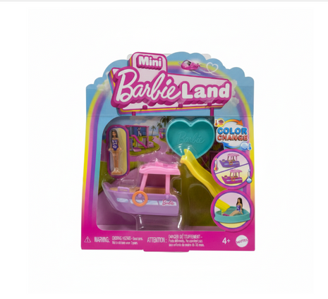Mini Barbie Land Color Change Boat Mattel - bote rosa, piscina corazón teal y tobogán, mini muñeca incluida, 4+