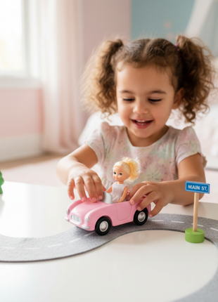 Mini Barbie Land auto convertible - niña jugando con mini carro rosa y accesorios de ciudad, juego creativo