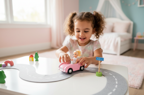 Mini Barbie Land auto convertible - niña jugando con mini carro rosa y accesorios de ciudad, juego creativo