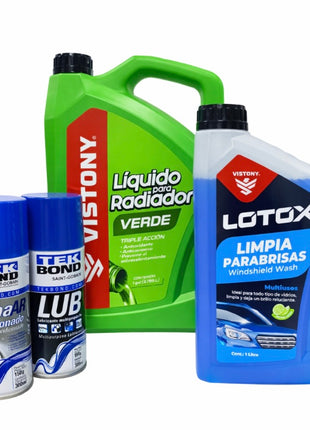 PACK DE VERANO AUTO REFRIGERANTE, LIMPIA LUNAS, AIRE AC Y LUB