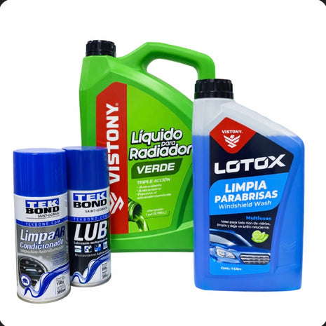 PACK DE VERANO AUTO REFRIGERANTE, LIMPIA LUNAS, AIRE AC Y LUB