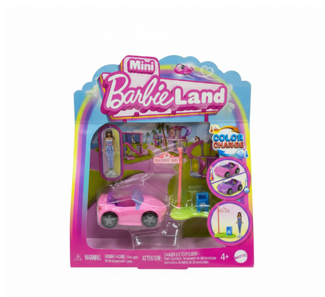 Mini Barbie Land Color Change Convertible Mattel - auto rosa descapotable, señal Barbie Way y mini muñeca, 4+
