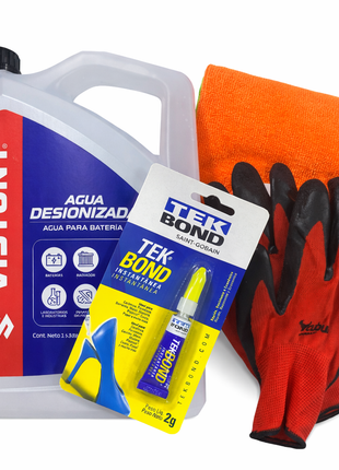 PACK PARA AUTO No3 - AGUA DESIONIZADA, PEGAMENTO TEKBOND, GUANTES Y PAÑO MICROFIBRA