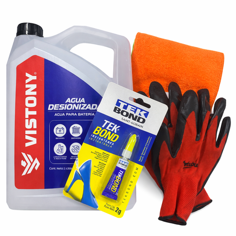 PACK PARA AUTO No3 - AGUA DESIONIZADA, PEGAMENTO TEKBOND, GUANTES Y PAÑO MICROFIBRA