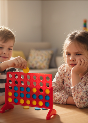 4 en Raya - niños jugando estrategia con fichas azules y amarillas, diversión competitiva en familia