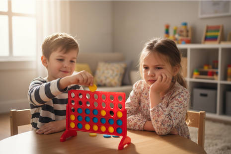 4 en Raya - niños jugando estrategia con fichas azules y amarillas, diversión competitiva en familia