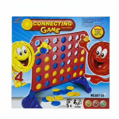 Connecting Game 4 en Raya Universal Fun - tablero rojo con 42 fichas azules y amarillas, 2 jugadores, 5+