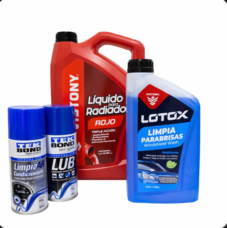 PACK DE VERANO AUTO REFRIGERANTE, LIMPIA LUNAS, AIRE AC Y LUB