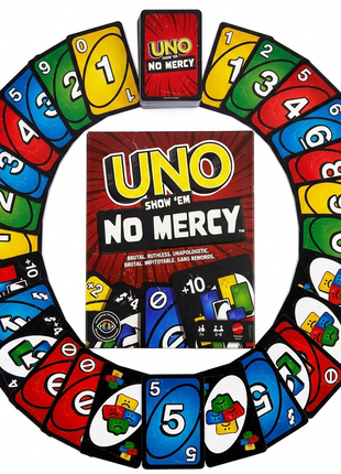 Flat lay UNO No Mercy caja con cartas en círculo – juego de mesa Mattel edición extrema brutal


