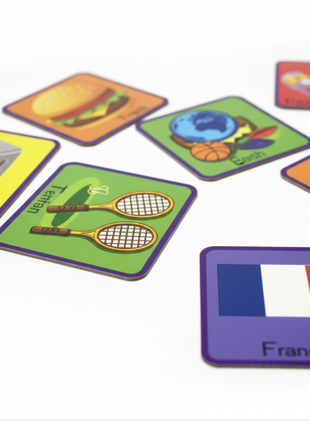 Whack It Activate detalle cartas de categorías ilustradas - colores vivos, íconos temáticos variados