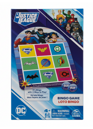 DC Justice League Bingo Game Spin Master - cartones con símbolos de superhéroes, 2-4 jugadores desde 4 años