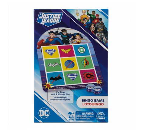 DC Justice League Bingo Game Spin Master - cartones con símbolos de superhéroes, 2-4 jugadores desde 4 años