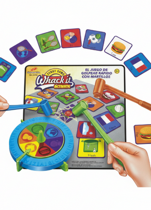 Whack It Activate flat lay - tablero, cartas de categorías, martillos y ruleta incluidos, juego completo