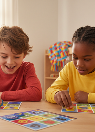 Justice League Bingo - niños jugando con cartones de superhéroes DC, diversión y concentración en familia