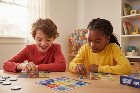 Justice League Bingo - niños jugando con cartones de superhéroes DC, diversión y concentración en familia