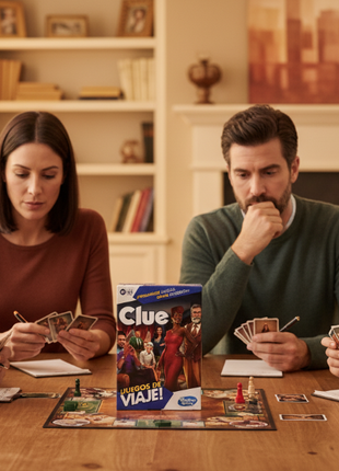 Clue viaje - familia jugando al detective en casa, estrategia y misterio para toda la familia