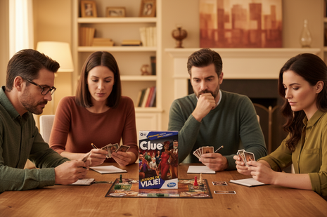 Clue viaje - familia jugando al detective en casa, estrategia y misterio para toda la familia