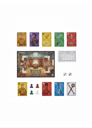 Clue Viaje flat lay - tablero compacto, cartas de sospechosos, armas,