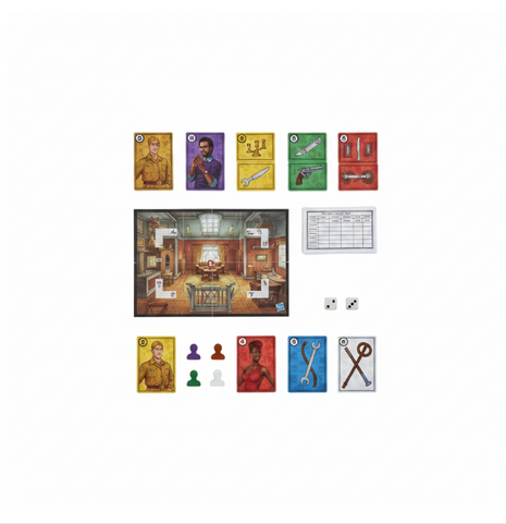 Clue Viaje flat lay - tablero compacto, cartas de sospechosos, armas,