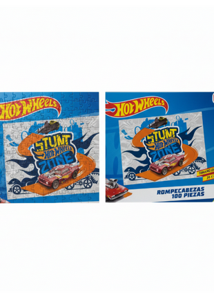 Hot Wheels Stunt Zone flat lay - puzzle 100 piezas armado completo, auto rojo en pista naranja 39x28cm