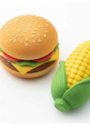 Squishy Hamburguesa y Mazorca detalle - textura realista foam suave slow-rise, acabado kawaii premium
