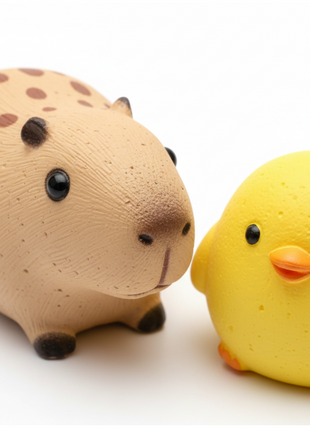 Squishy Capibara y Pollito detalle - textura foam suave kawaii, caras expresivas, material slow-rise premium