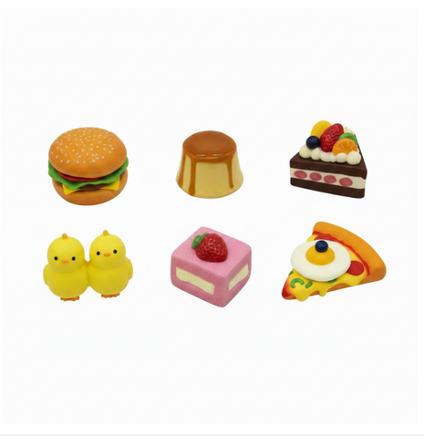 Squishies comida flat lay - 7 variantes kawaii: Hamburguesa, Flan, Pasteles, Mazorca y Pizza slow-rise