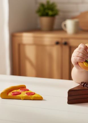 Squishies comida kawaii - niño jugando con hamburguesa y mazorca foam, juguete sensorial antiestrés divertido