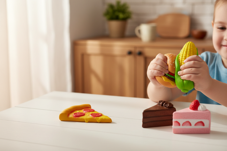 Squishies comida kawaii - niño jugando con hamburguesa y mazorca foam, juguete sensorial antiestrés divertido