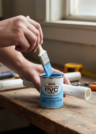 ABRO Cemento PVC aplicado con brocha en unión de tuberías – cemento azul para instalaciones de plomería profesional – Envíos express

