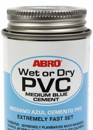 ABRO Cemento PVC detalle de tapa metálica y etiqueta – cemento azul medio para uniones PVC resistentes – Envíos express