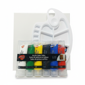 PACK PARA PINTORES - 6 COLORES DE PINTURA, LIENZO 25x25 Y PALETA PLASTICA