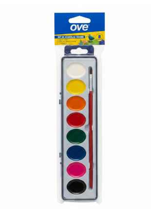 OVE Set Acuarelas Grande 8 colores - paleta con pincel incluido, colores vivos para dibujo y arte escolar