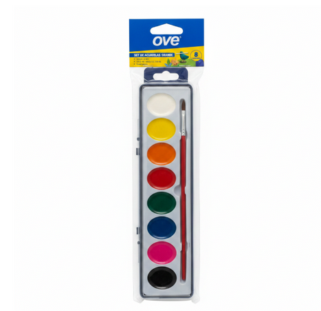 OVE Set Acuarelas Grande 8 colores - paleta con pincel incluido, colores vivos para dibujo y arte escolar