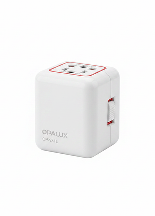 Detalle adaptador Opalux OP-931L – múltiples tipos de clavija – plástico resistente de alta calidad para viajes

