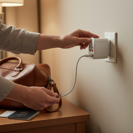 Adaptador Opalux en tomacorriente de hotel – carga dispositivos en cualquier país – ideal para viajeros

