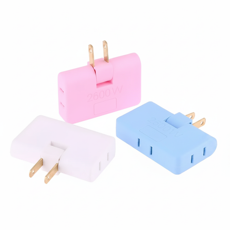 Adaptador triple de enchufe colores pastel – rosa, blanco y azul – multiplica tus tomas con clavija plana

