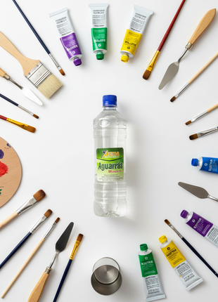 Aguarrás Xiema 1 litro – flat lay con pinceles y pinturas al óleo – disolvente esencial para pintura


