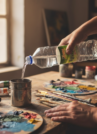 Aguarrás Xiema 1L en uso – dilución de pintura al óleo y limpieza de brochas en taller – rendimiento profesional

