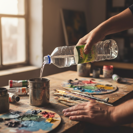 Aguarrás Xiema 1L en uso – dilución de pintura al óleo y limpieza de brochas en taller – rendimiento profesional

