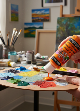 Artista usando pintura acrílica naranja DecoArt sobre paleta, color vivo para manualidades y pintura decorativa

